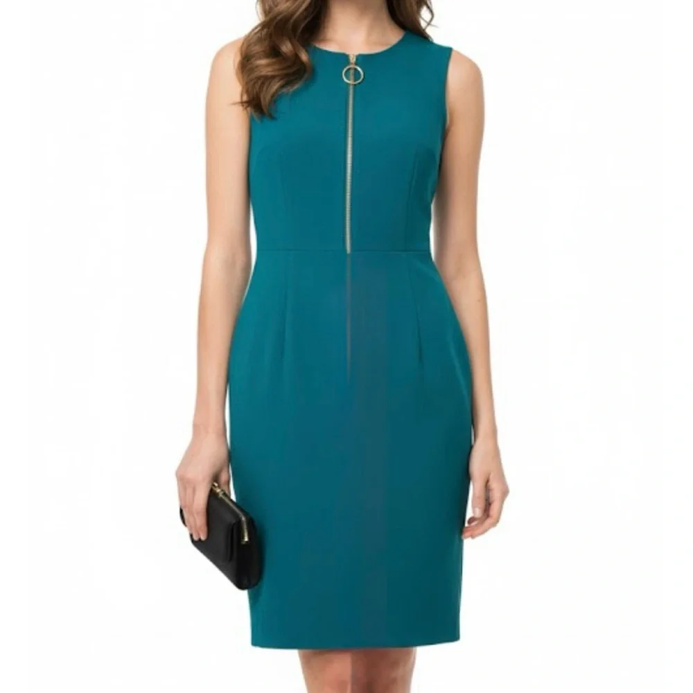 Calvin Klein Teal Sleeveless Stretch Crepe Front Zip Sheath Dress Size‎ 10